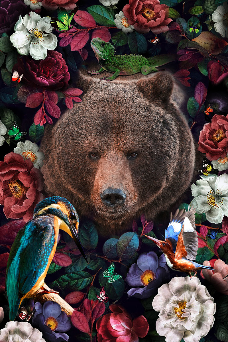 images glasschilderij beer in bloemen - eliassen.nl