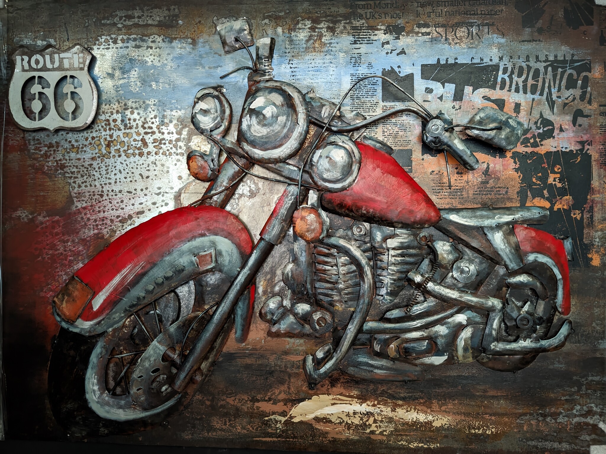 images Metalen 3d schilderij Rode motor Route 66 80x120cm. eliassen.nl
