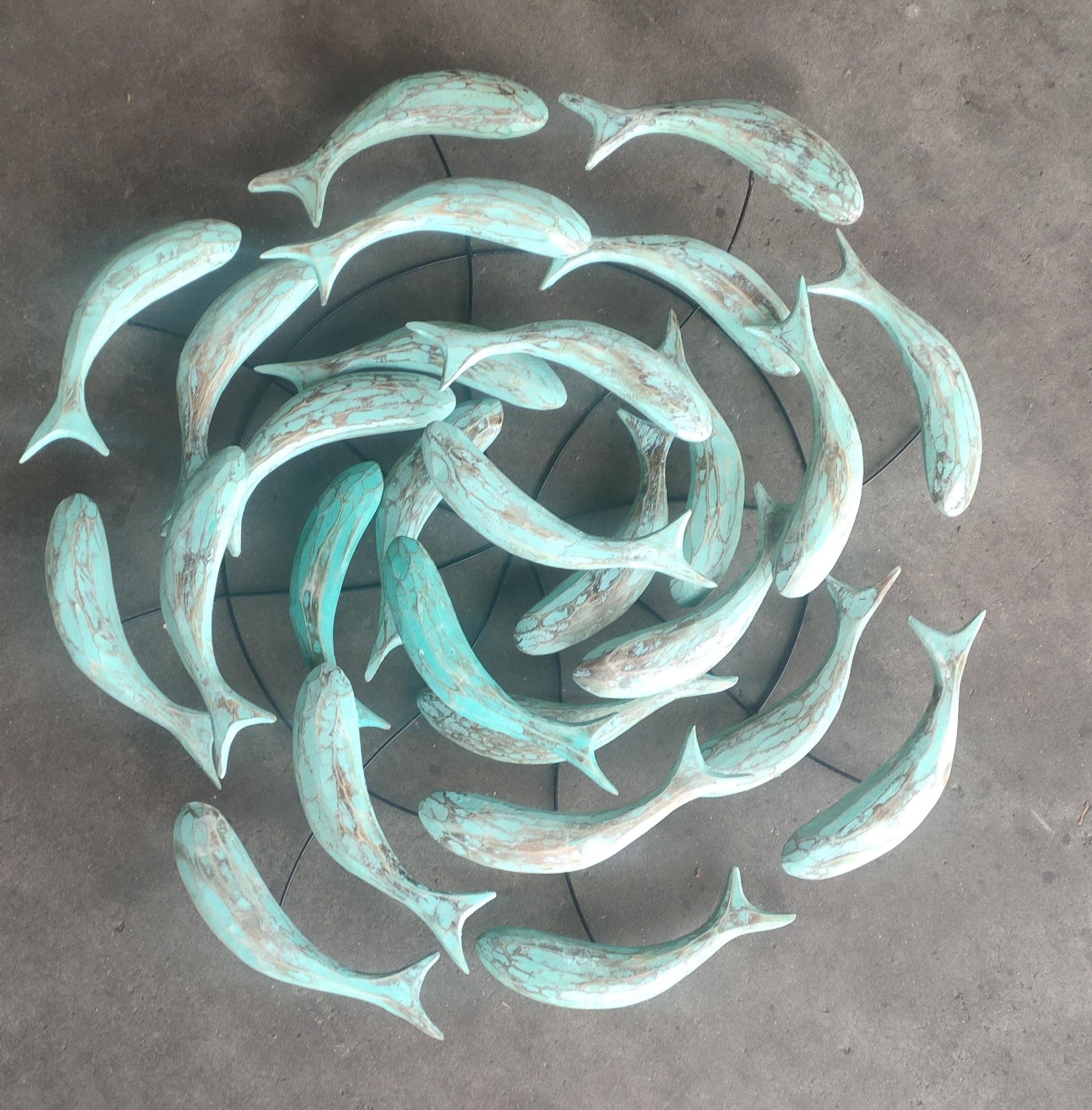 images Wanddecoratie 3d hout Draaikolk met vissen 80cm turqoise