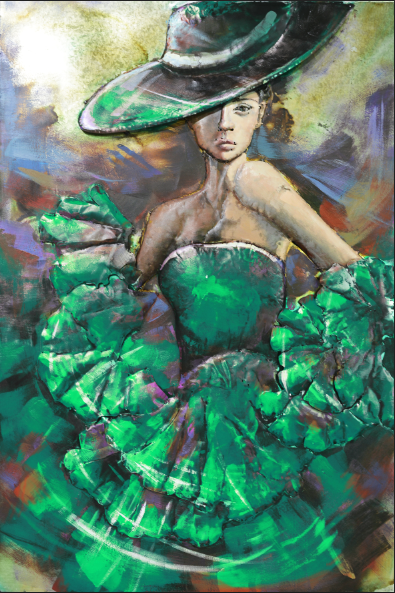 images schilderij metaal dame in groen - Eliassen.nl